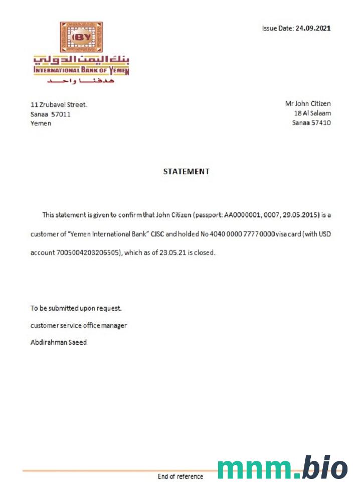 Przykład odniesienia do zamknięcia międzynarodowego banku w Jemenie w formatach Word i PDF
